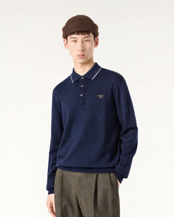 Navy Geometric Long-sleeve Polo