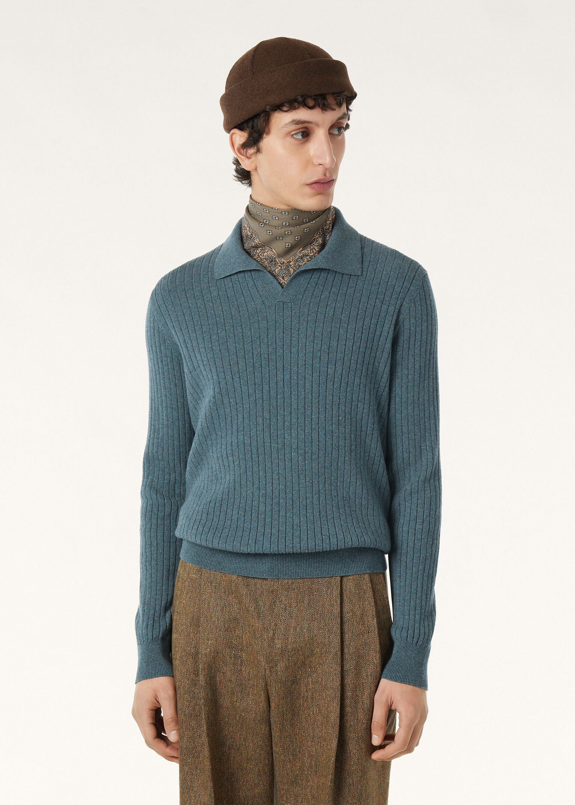 Loro Piana Blue Long-Sleeve Knitted Polo