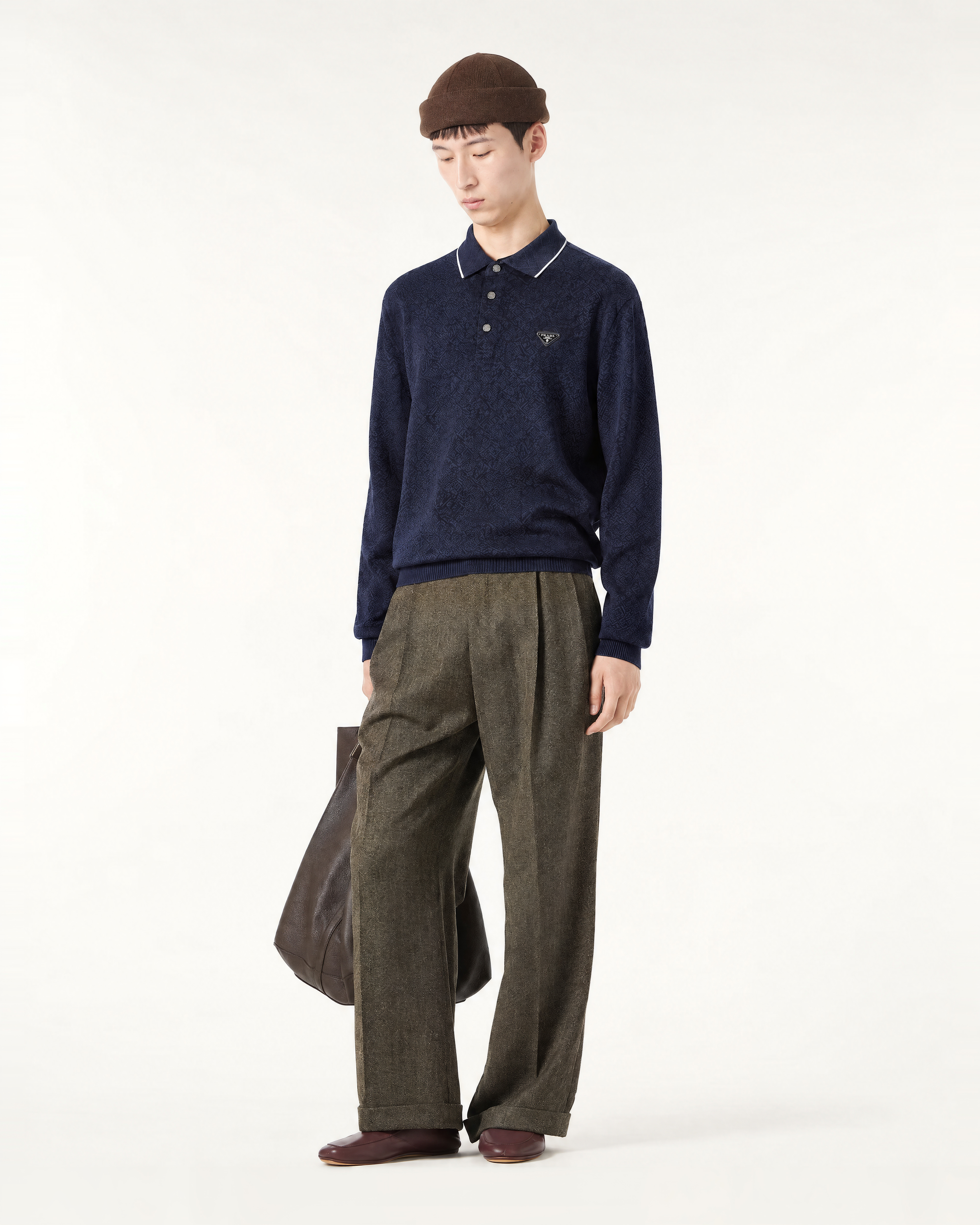 Lora Piana Navy Long Sleeve Jacquard Knit Polo