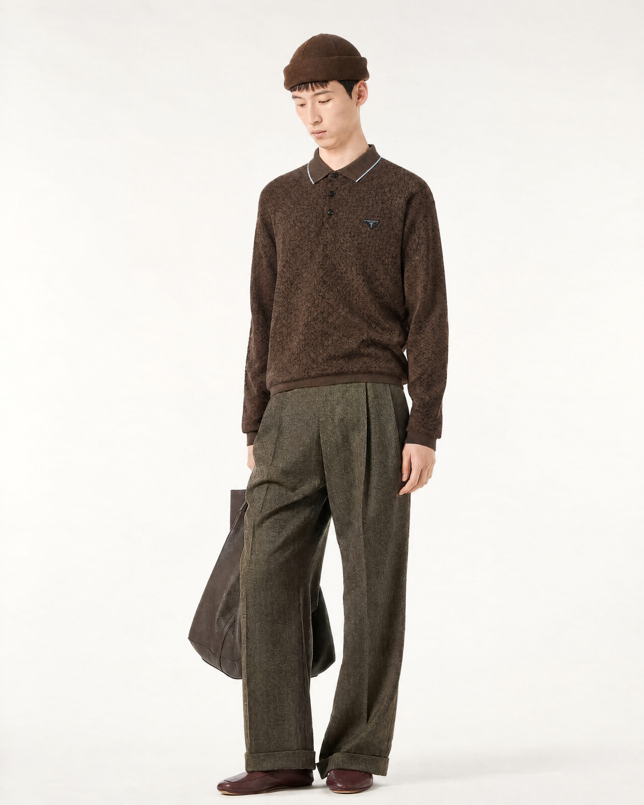 Prada Brown Long Sleeve Jacquard Knit Polo