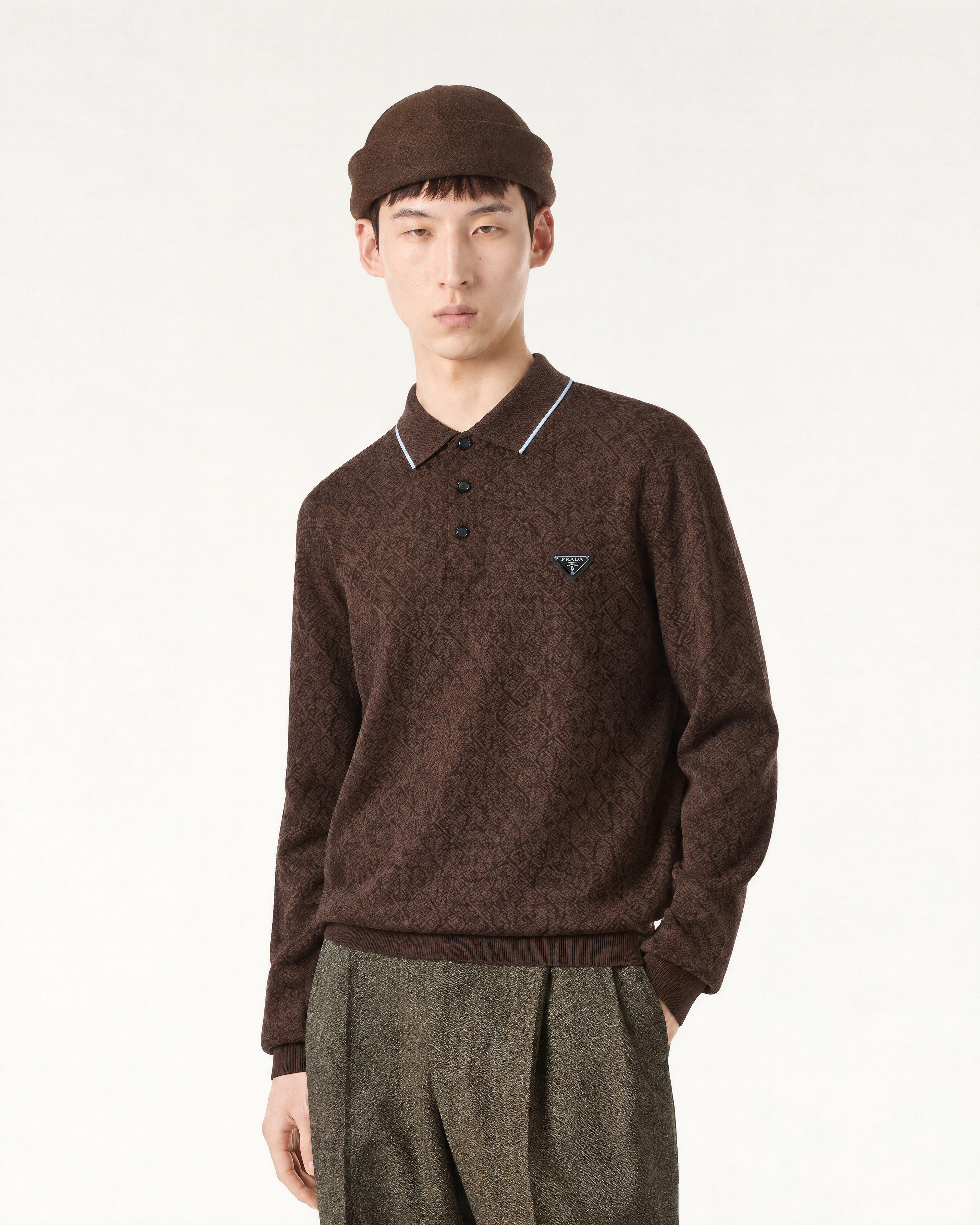 Prada Brown Long Sleeve Jacquard Knit Polo — alternate view