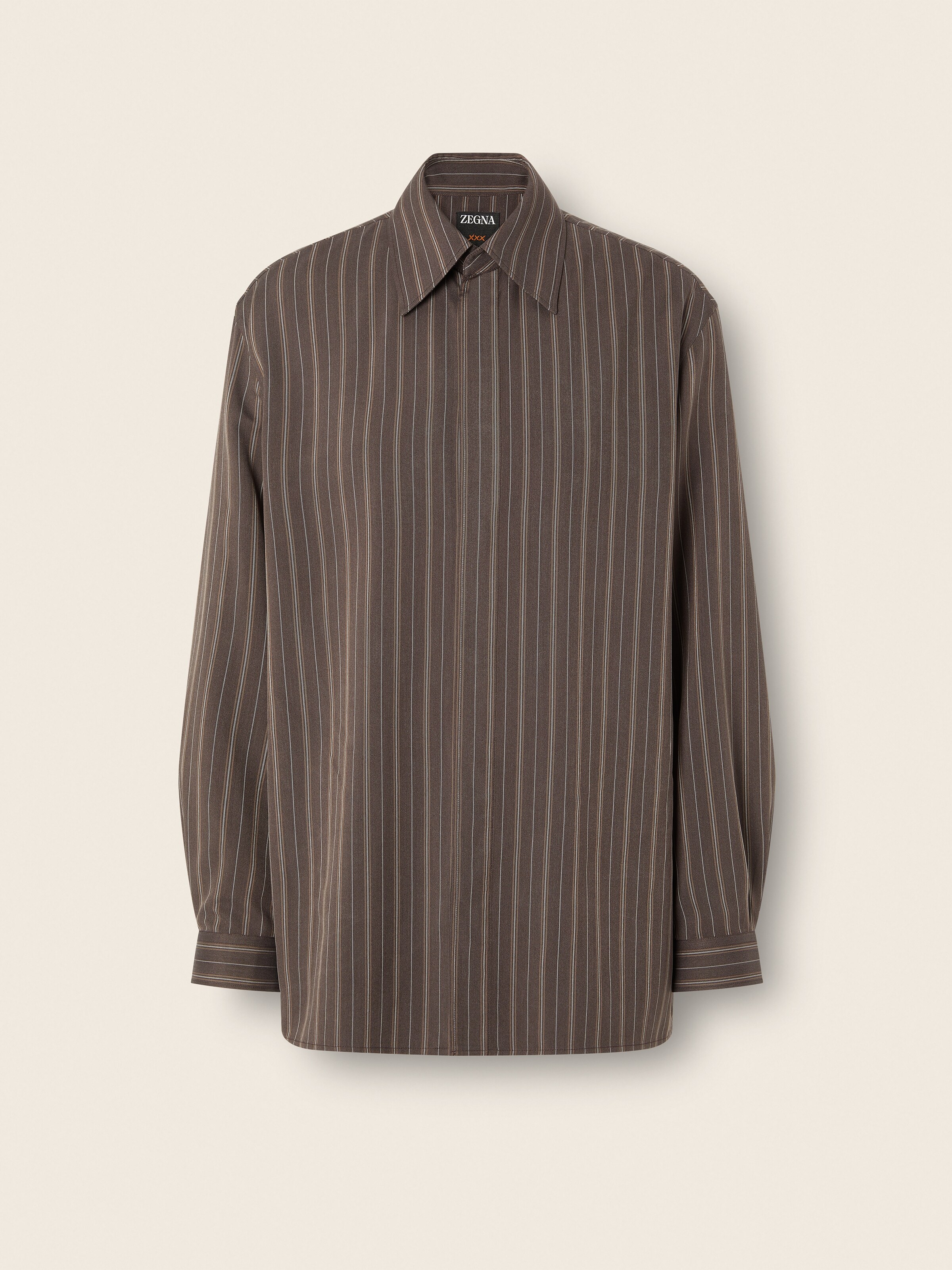 Dark Brown and Cream White Pinstriped Silk Shirt