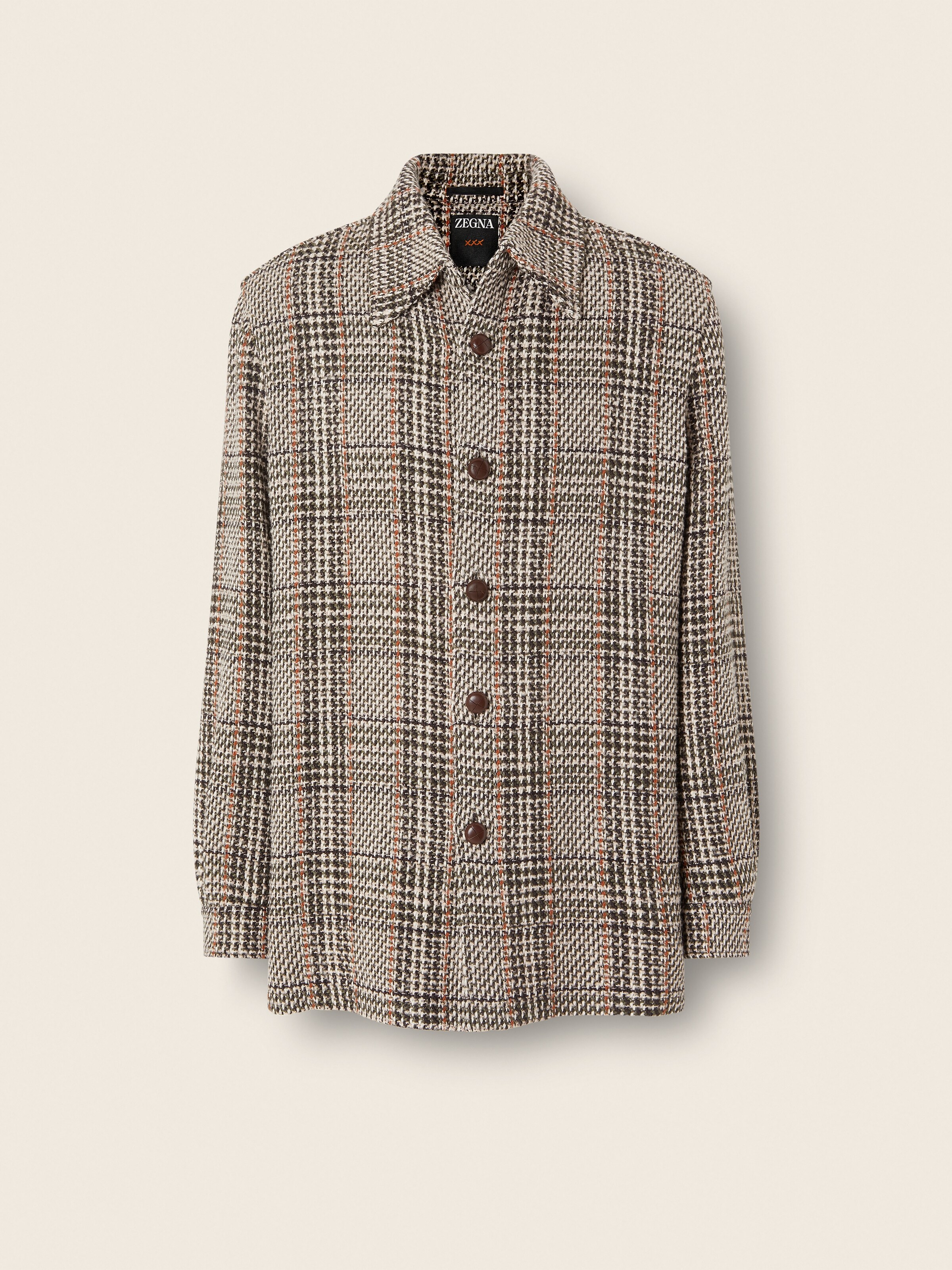 Beige Olive Green and Reddish Brown Wool and Paper Yarn Blend Shirt
