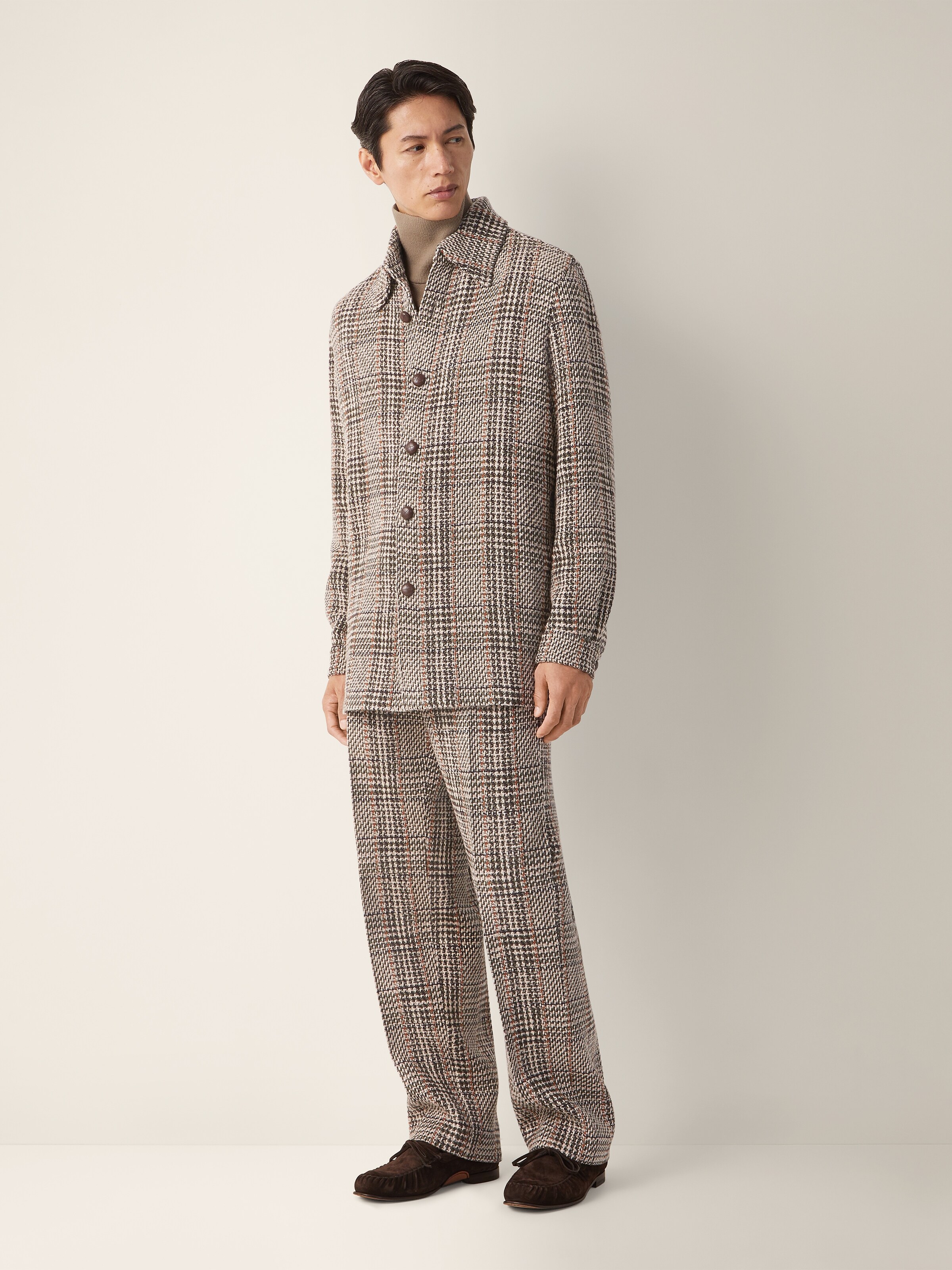 Beige Olive Green and Reddish Brown Wool and Paper Yarn Blend Shirt — alternate view