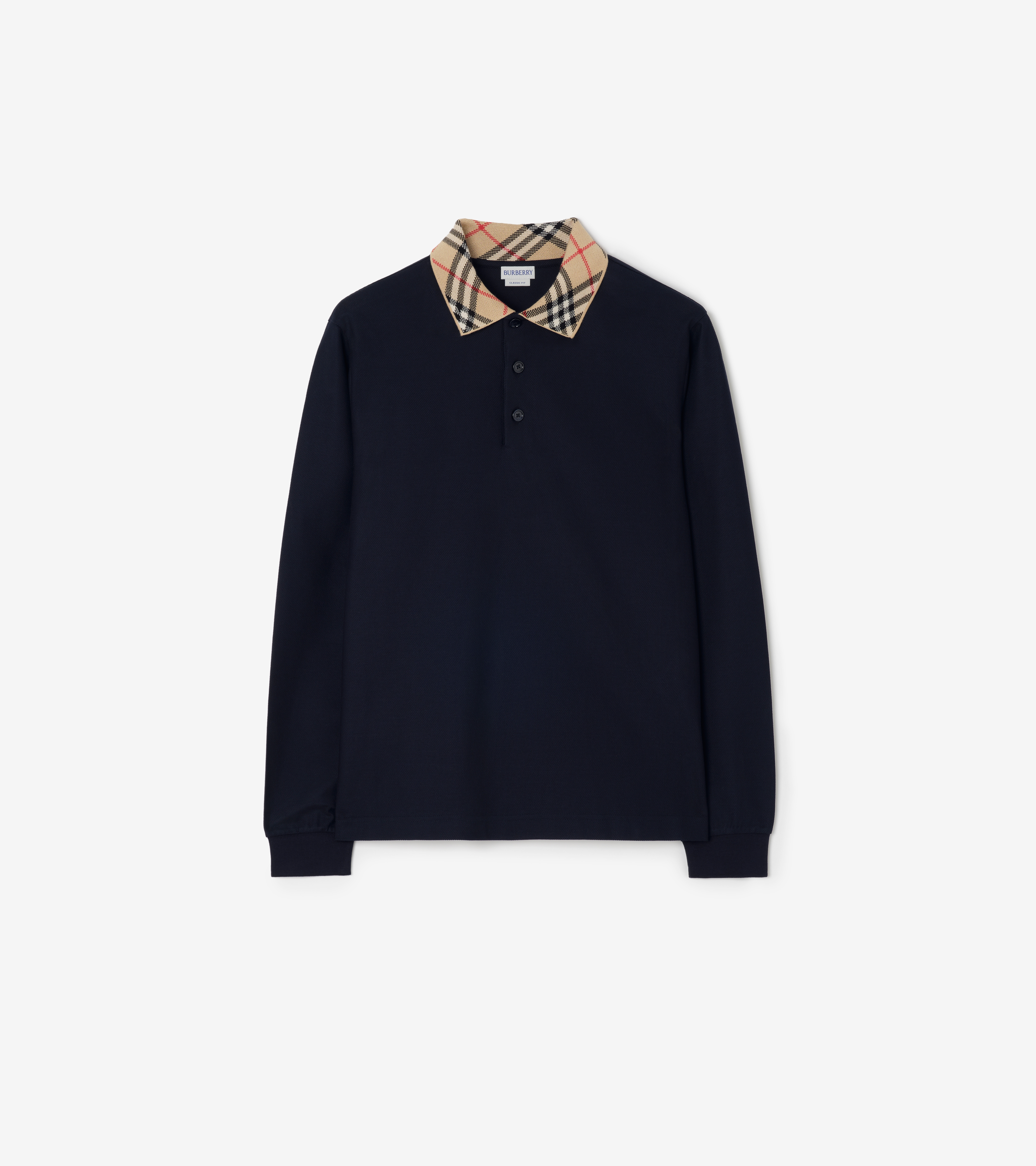 Long-sleeve Check Collar Cotton Polo Shirt