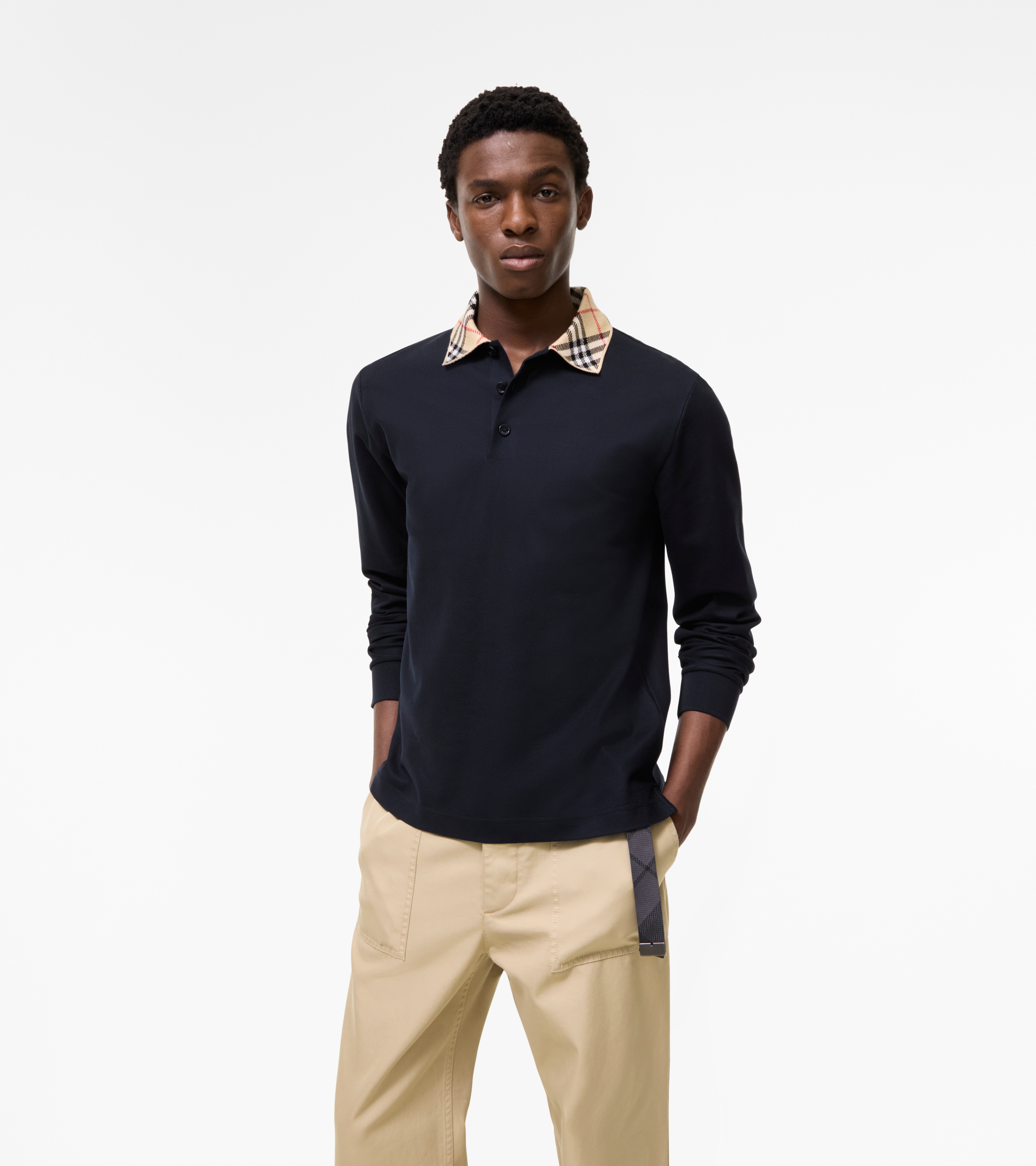 Long-sleeve Check Collar Cotton Polo Shirt — alternate view