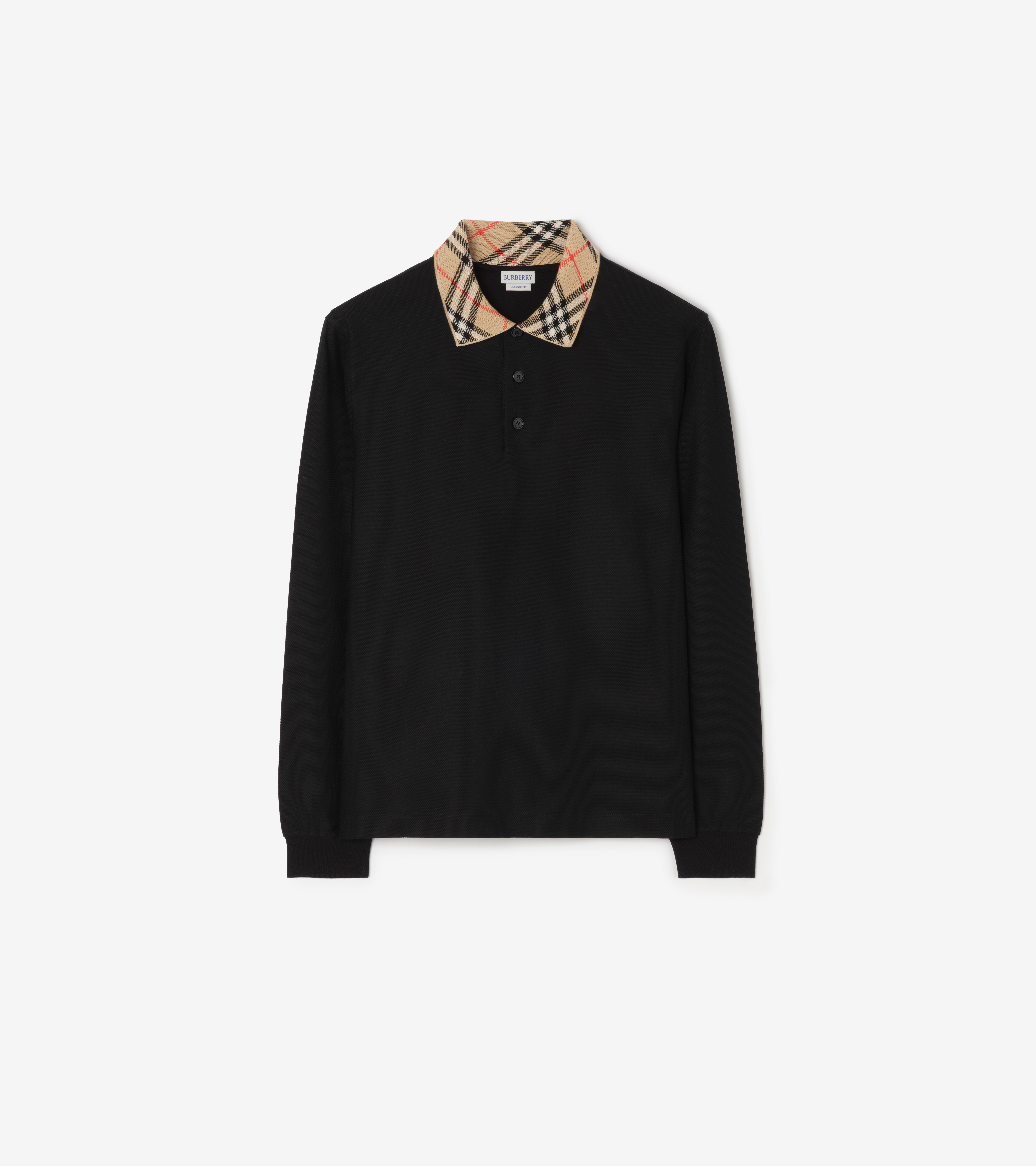 Long-sleeve Check Collar Cotton Polo Shirt