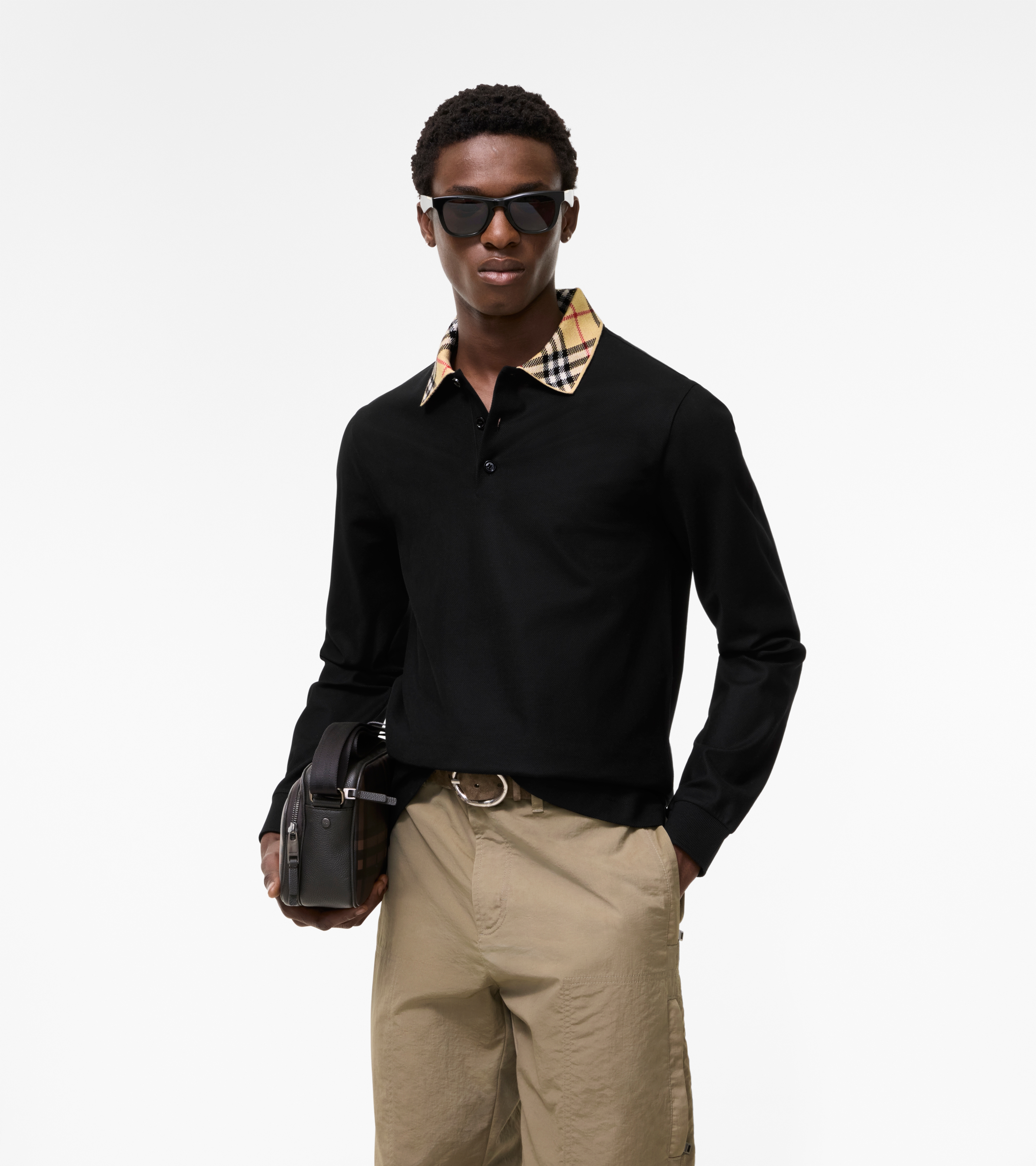 Long-sleeve Check Collar Cotton Polo Shirt — alternate view