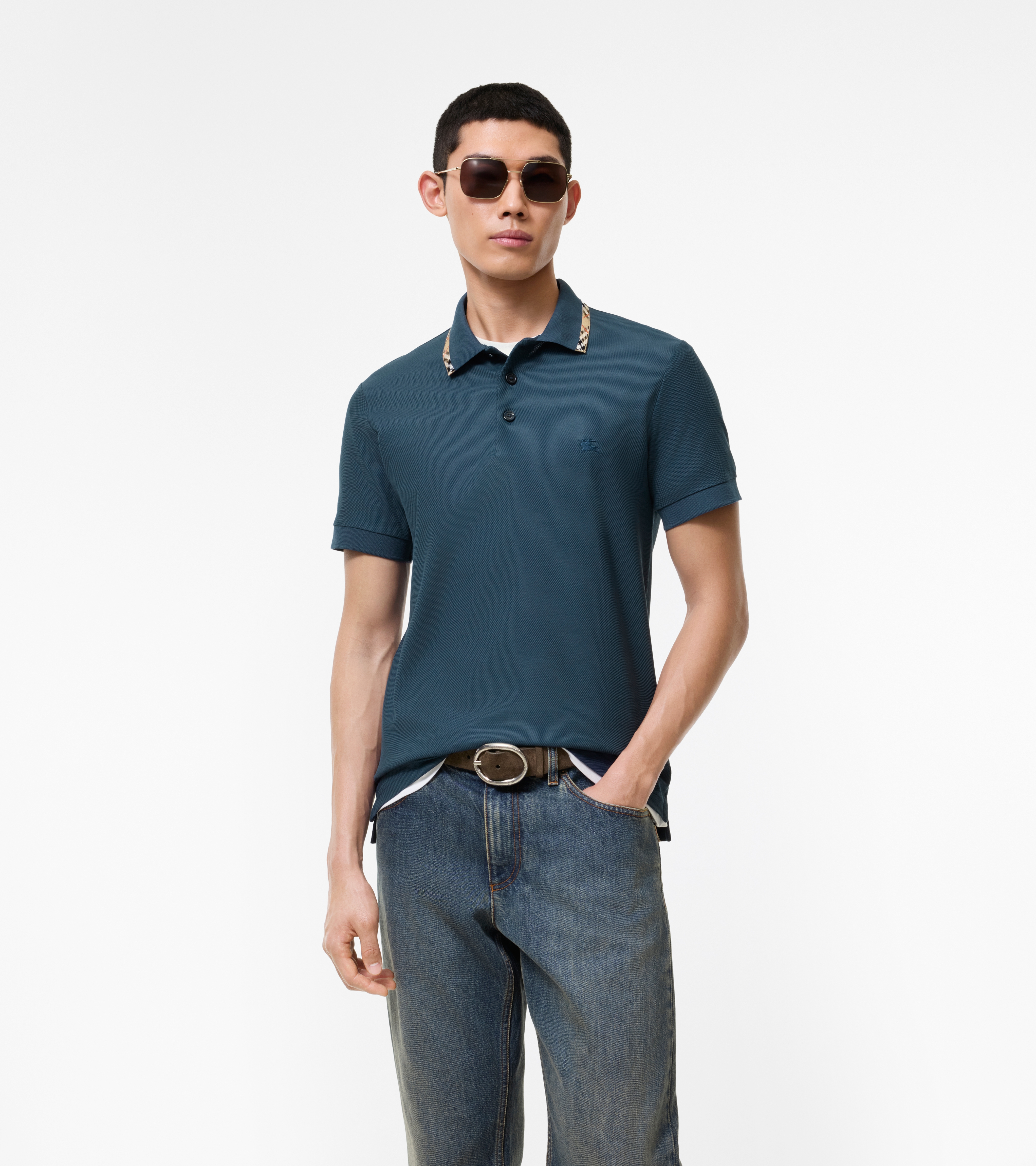 Check Trim Cotton Polo Shirt — alternate view