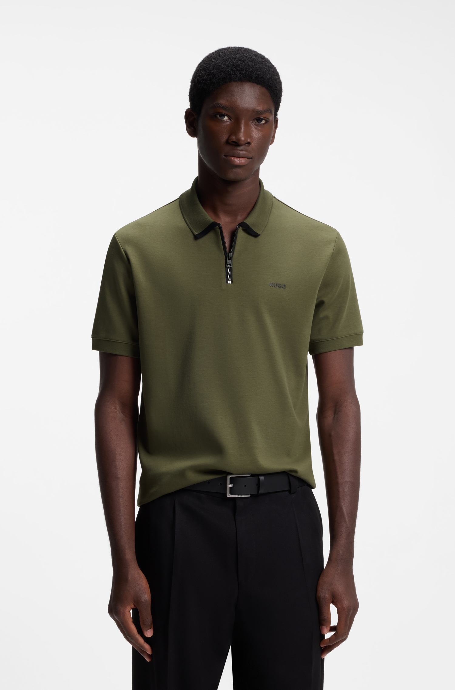 Cotton pique polo shirt with zipper neckline