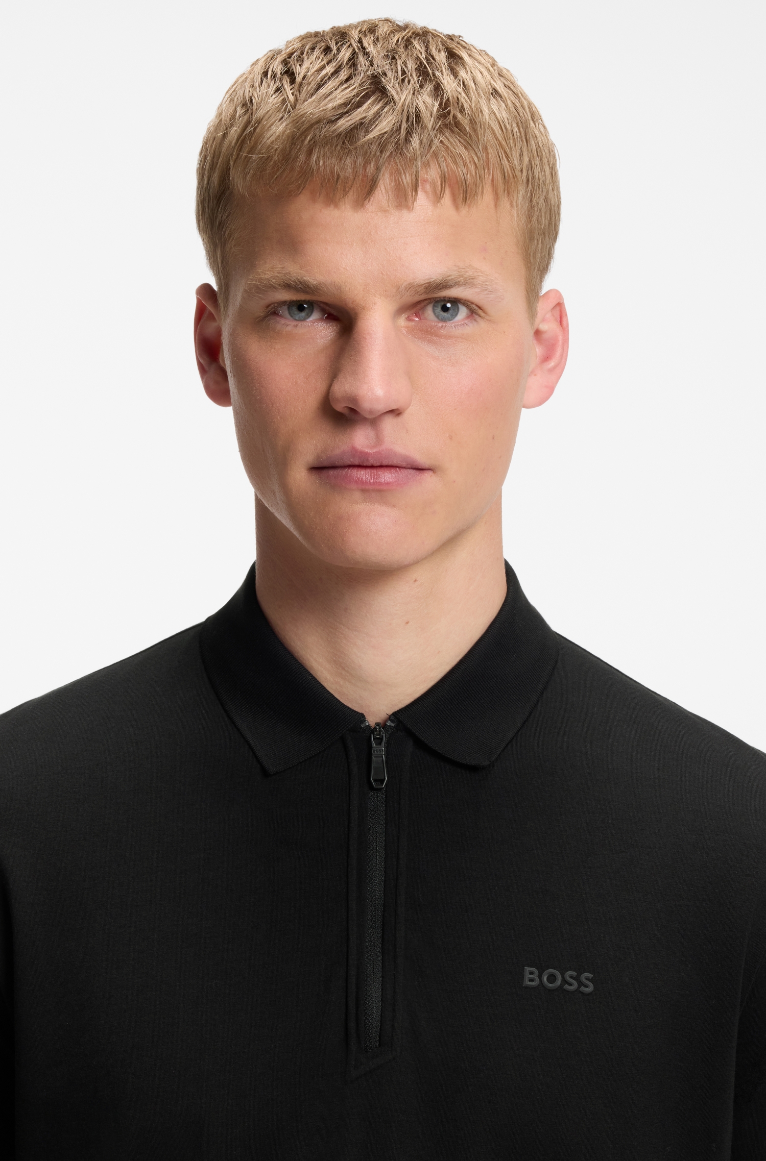 Zipper-neck polo shirt in cotton-blend jersey — alternate view