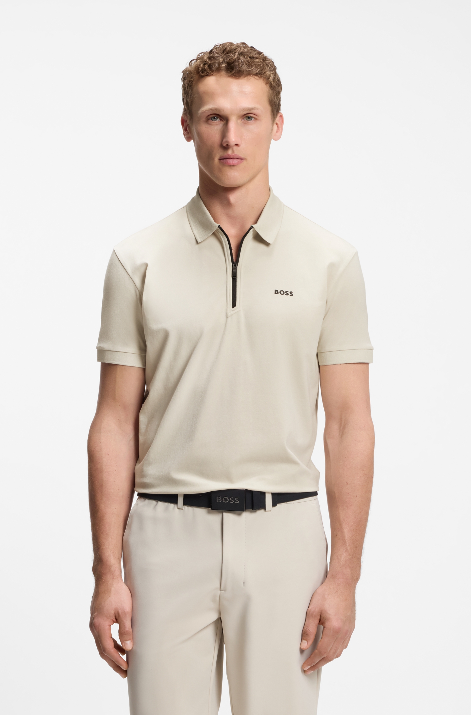 Zipper-neck polo shirt in cotton-blend jersey
