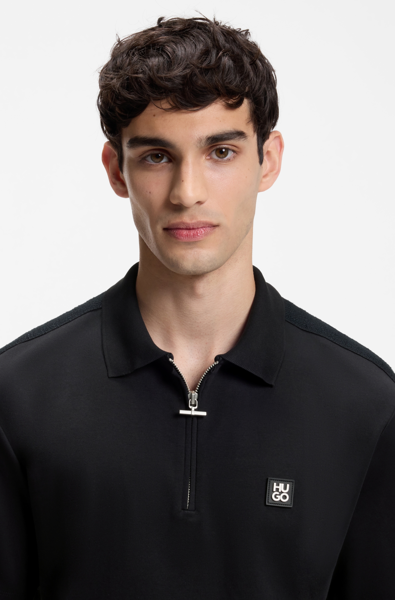 Zipper-neck cotton polo shirt with bouclé tape — alternate view