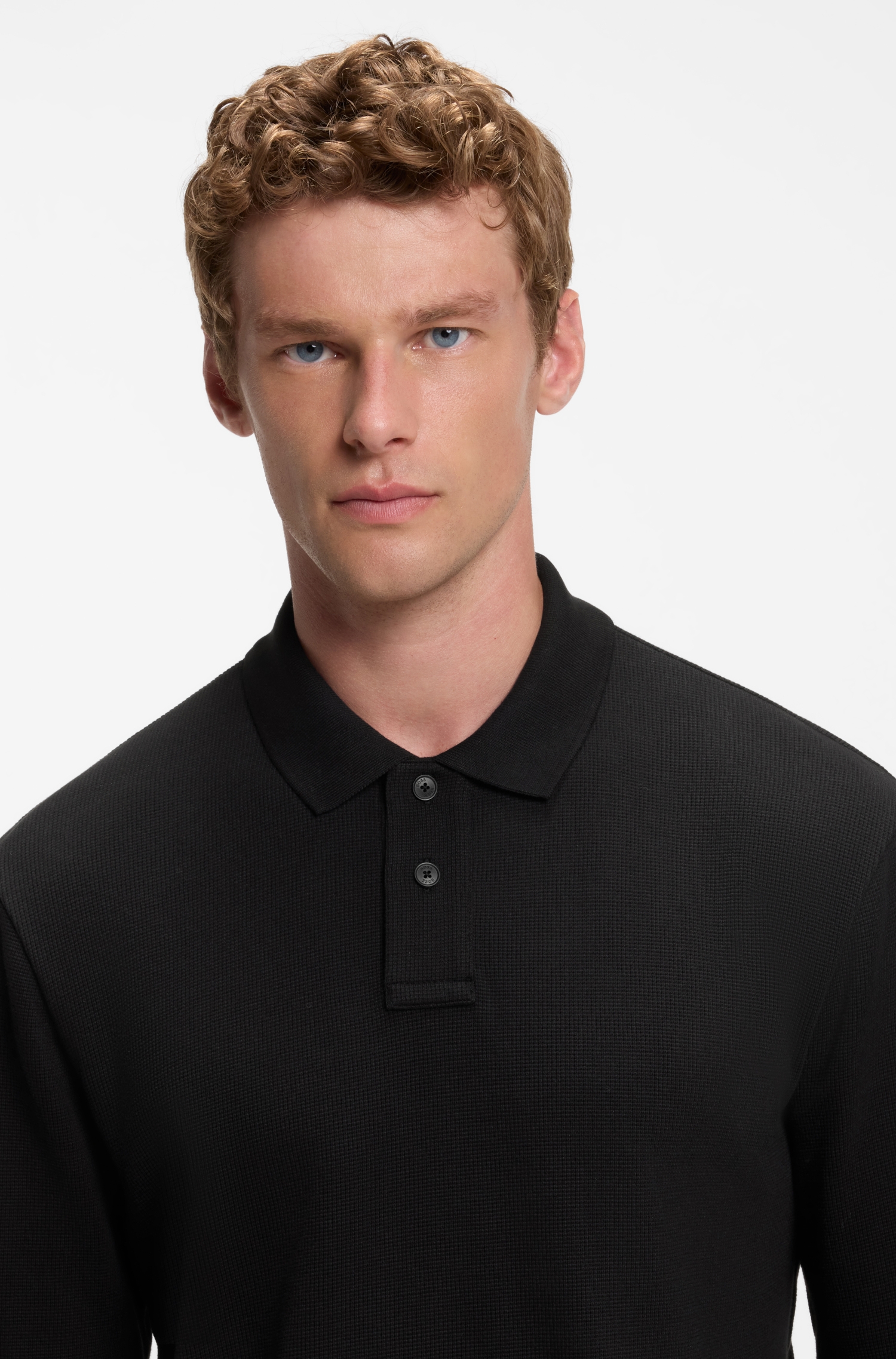 Cotton-blend polo shirt with waffle-knit texture — alternate view