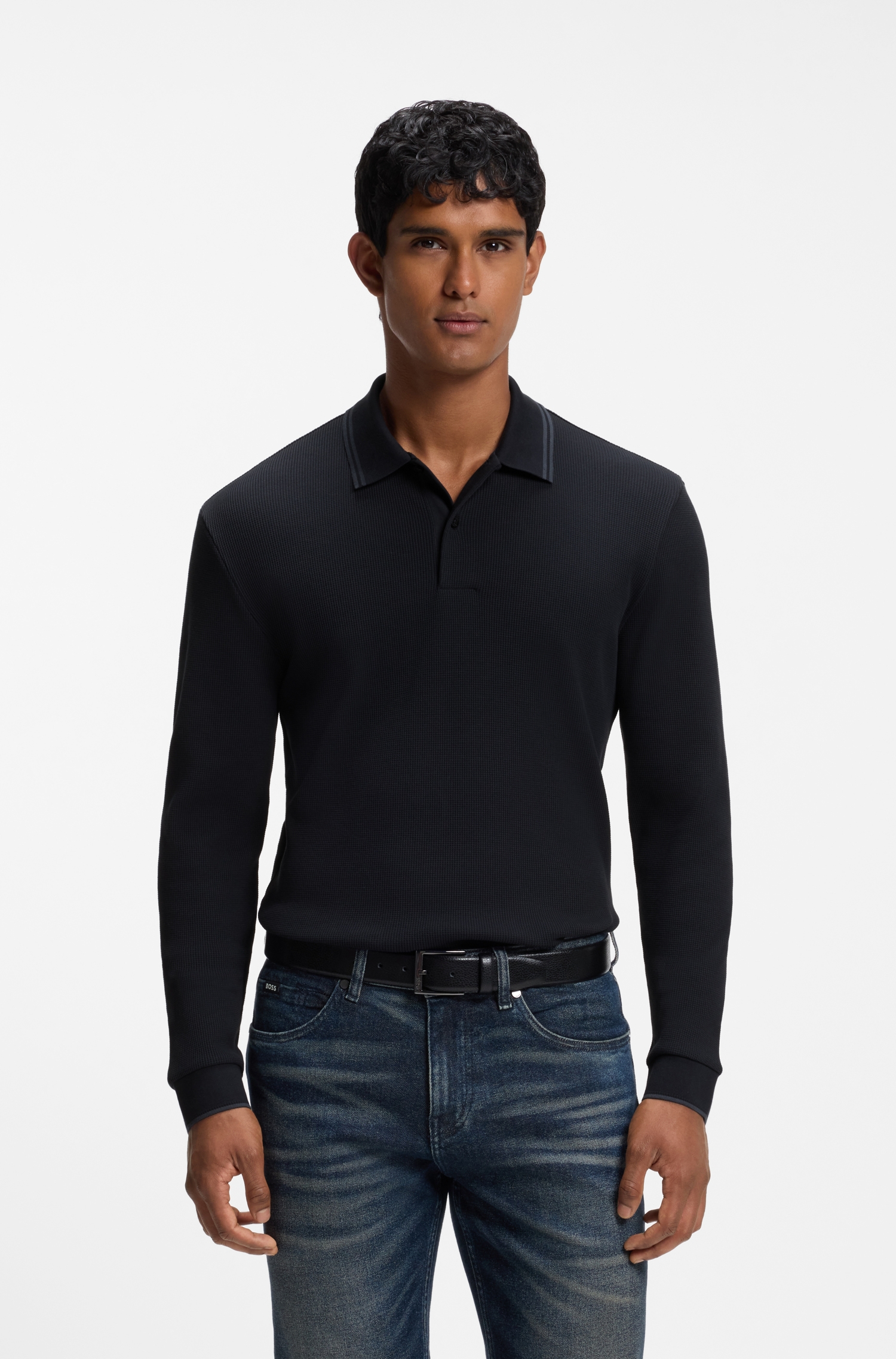 Waffle-textured polo shirt in stretch cotton