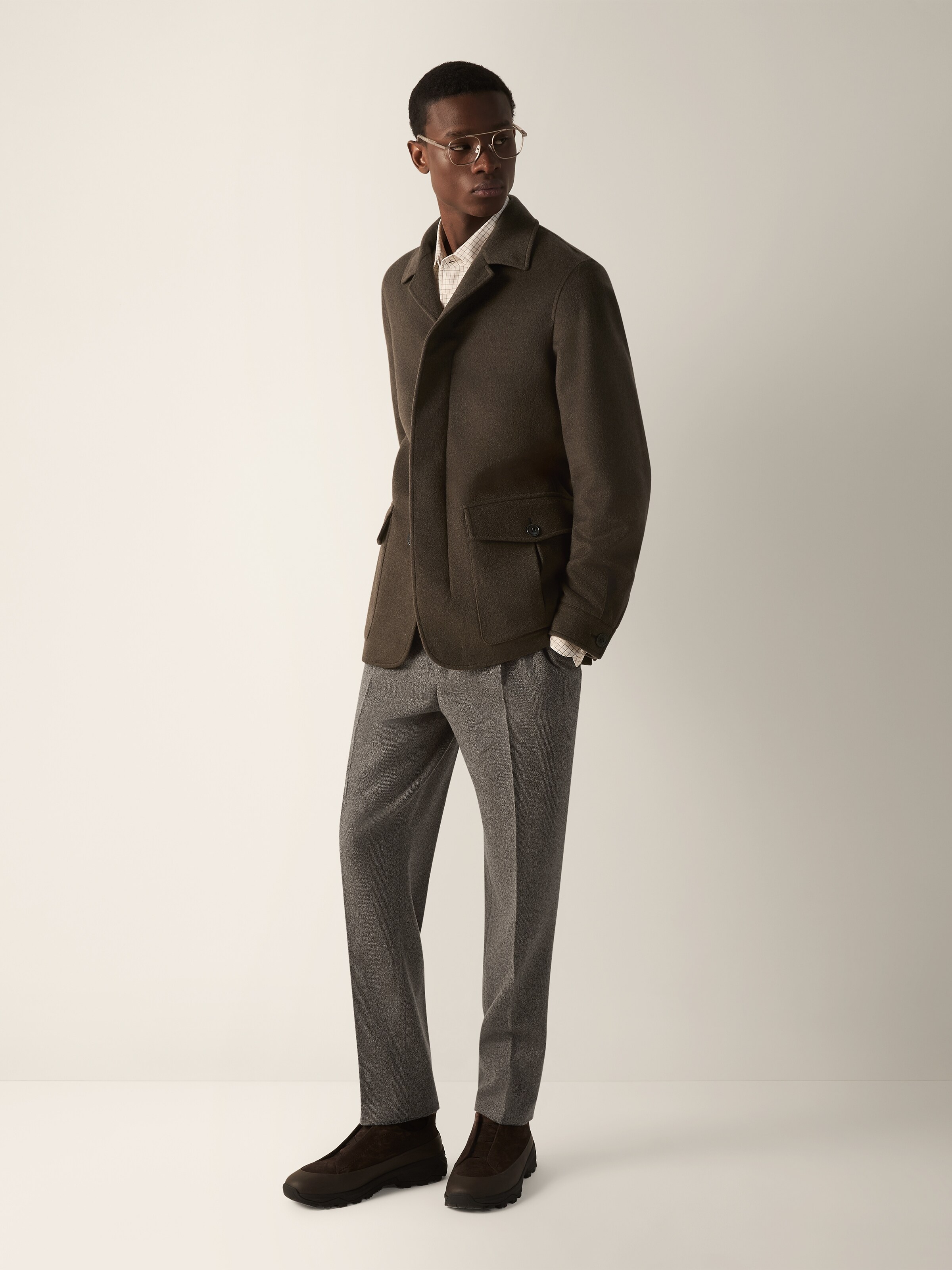 White and Dark Olive Green Silk Shirt — alternate view